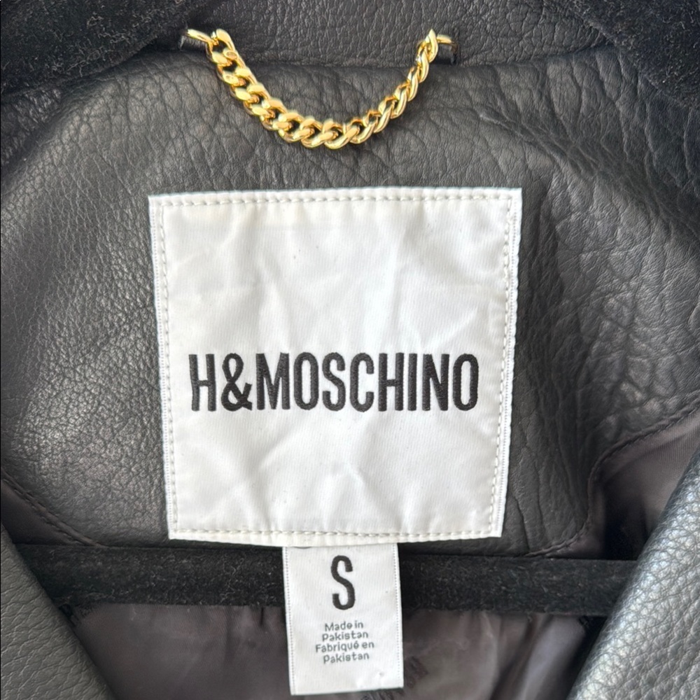 HM Moschino Black Leather Jacket with Gold Accents - Picture 3 of 14